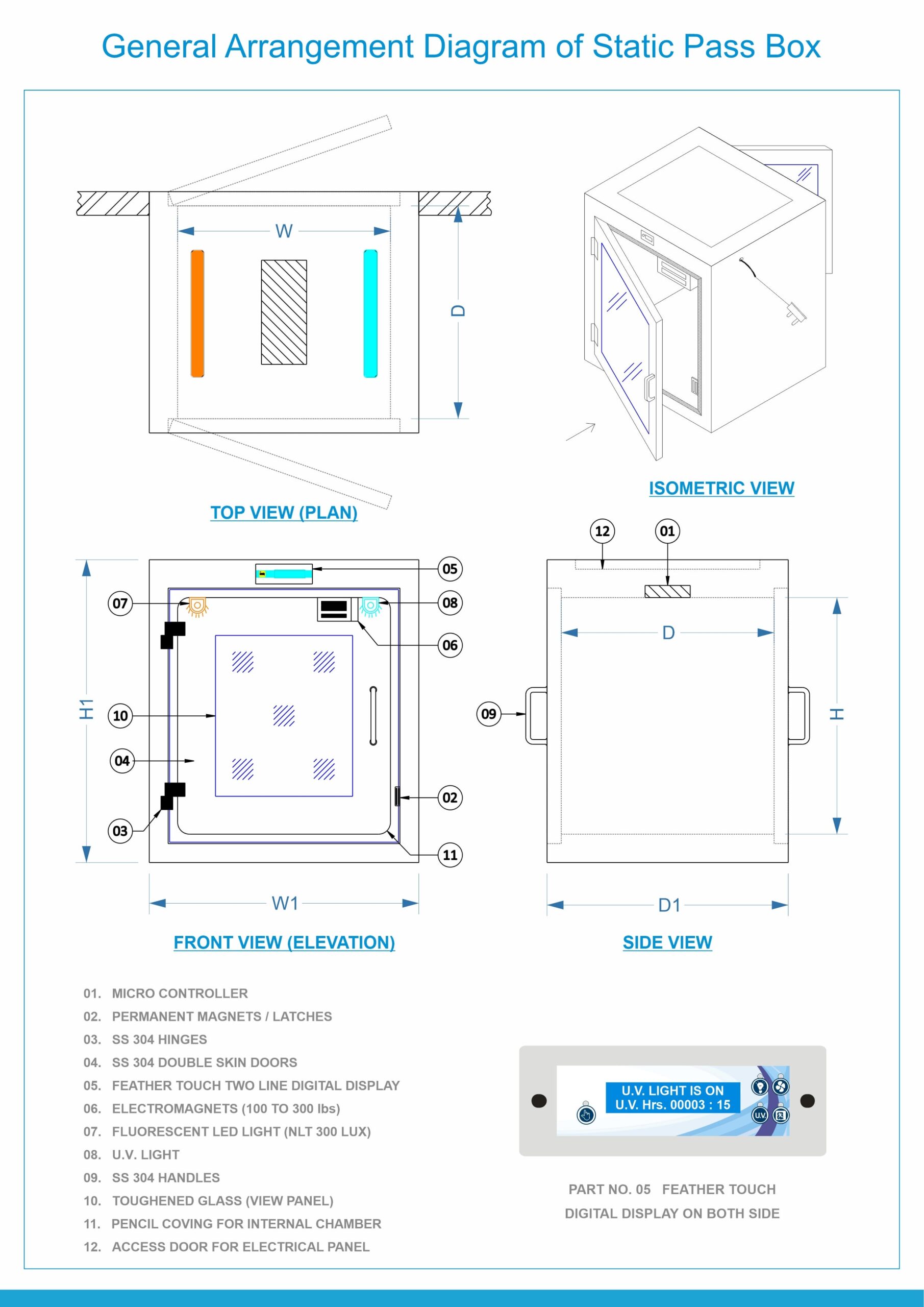 Stainless Steel Static Pass Box GA Diagram Drawing of SS 304